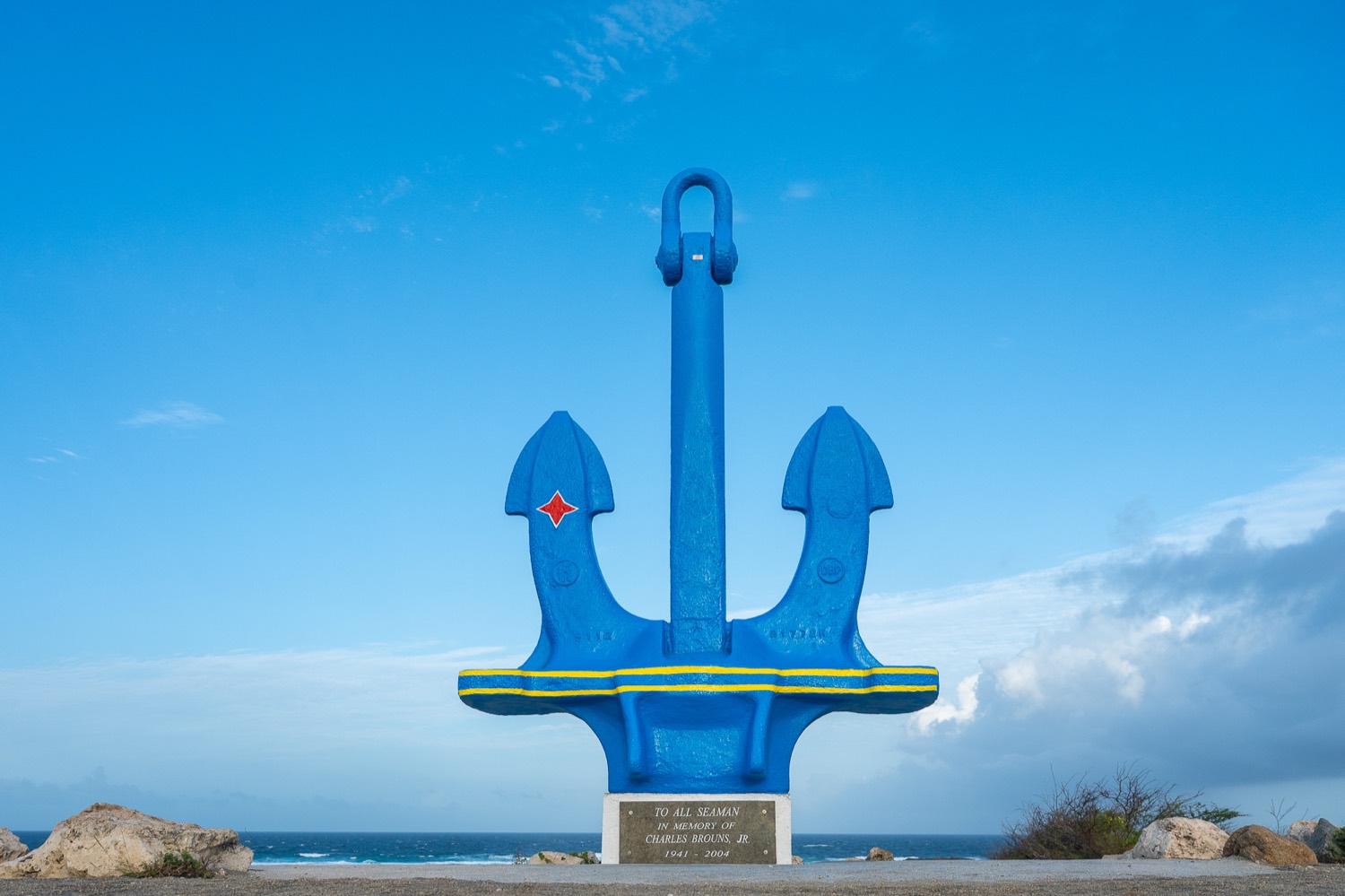 The blue anchor monument on the Aruba coast