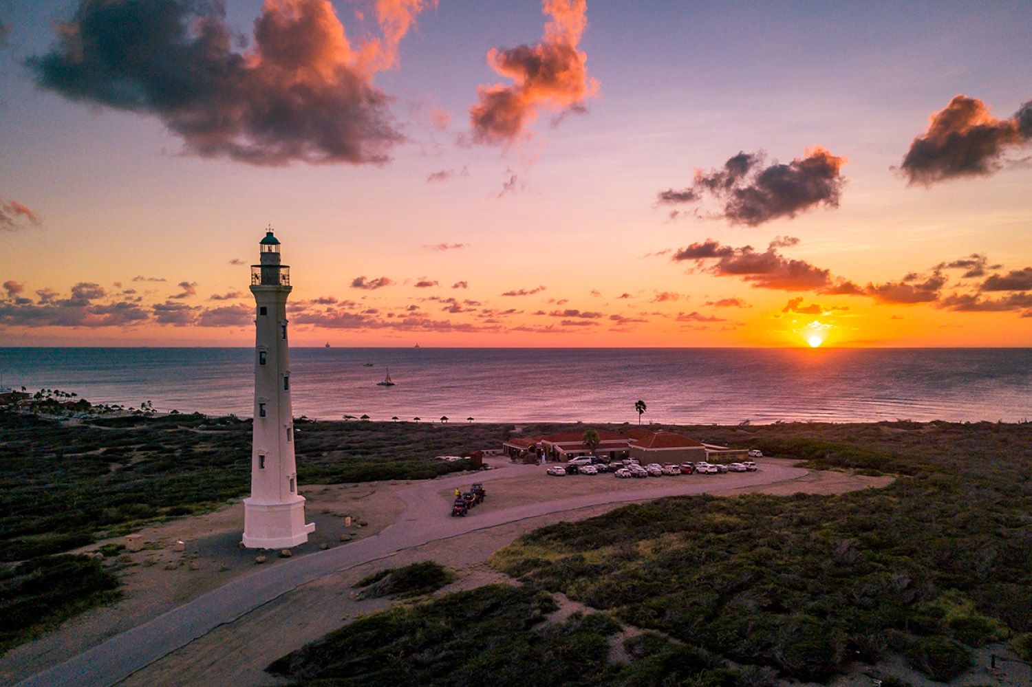 California Lighthouse on the Aruba coast at sunset